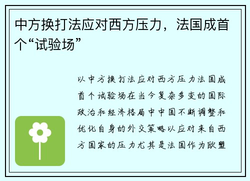 中方换打法应对西方压力，法国成首个“试验场”