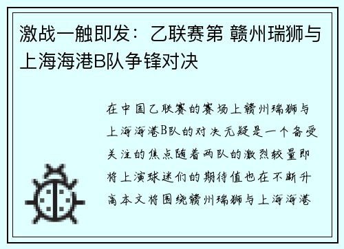 激战一触即发：乙联赛第 赣州瑞狮与上海海港B队争锋对决