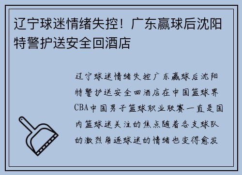 辽宁球迷情绪失控！广东赢球后沈阳特警护送安全回酒店