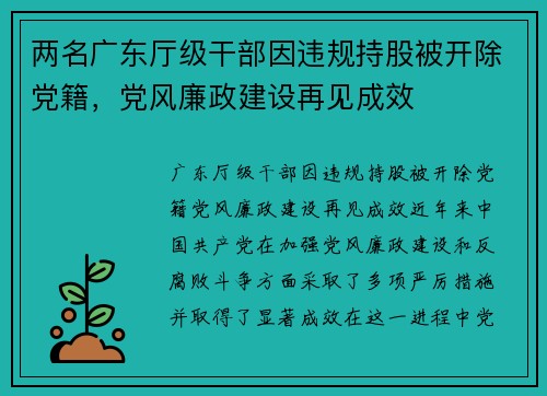 两名广东厅级干部因违规持股被开除党籍，党风廉政建设再见成效