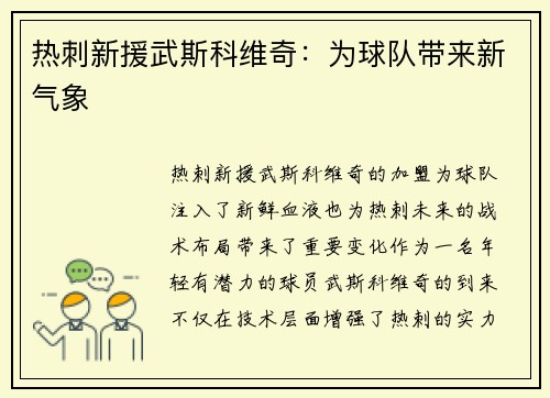 热刺新援武斯科维奇：为球队带来新气象