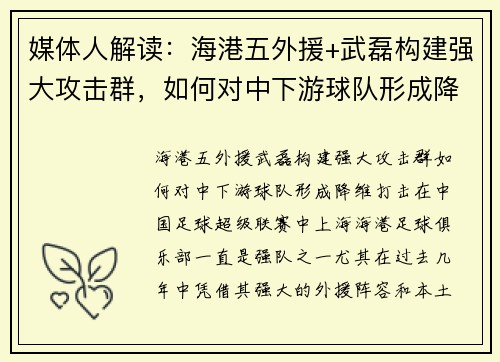 媒体人解读：海港五外援+武磊构建强大攻击群，如何对中下游球队形成降维打击