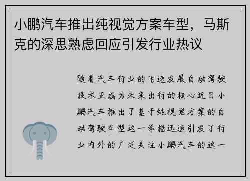 小鹏汽车推出纯视觉方案车型，马斯克的深思熟虑回应引发行业热议