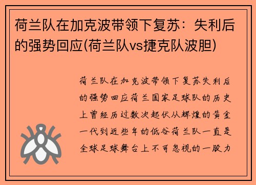 荷兰队在加克波带领下复苏：失利后的强势回应(荷兰队vs捷克队波胆)